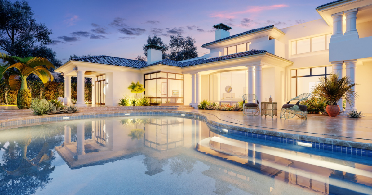 Luxurious house with a pool at dusk