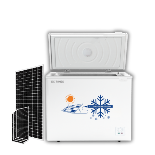 Solar-powered freezer with solar panel on a white background