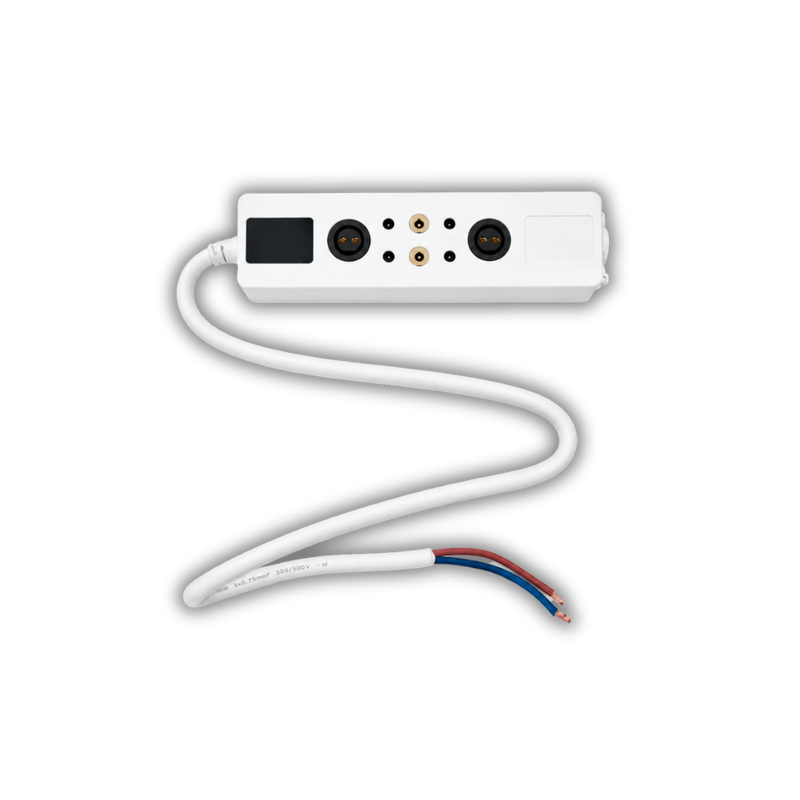 White electronic device with multiple ports and a cable on a white background