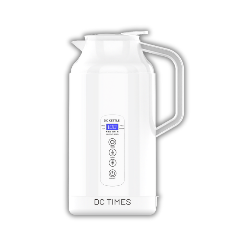 White electric kettle with digital display on a white background, branded 'DC TIMES'.
