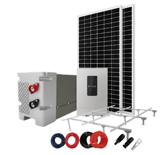 Solar panel system with battery and connectors on a white background
