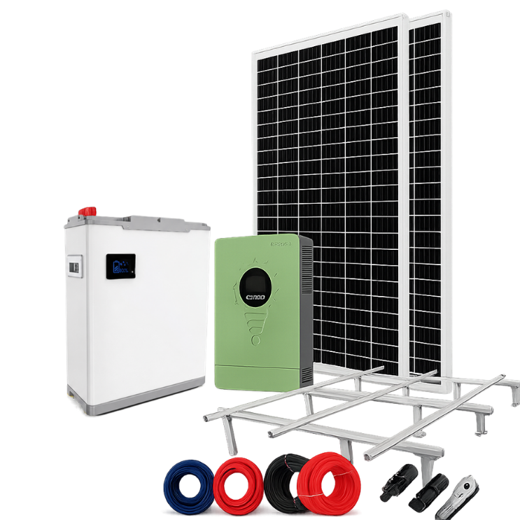 Solar panel system with battery and connectors on a white background