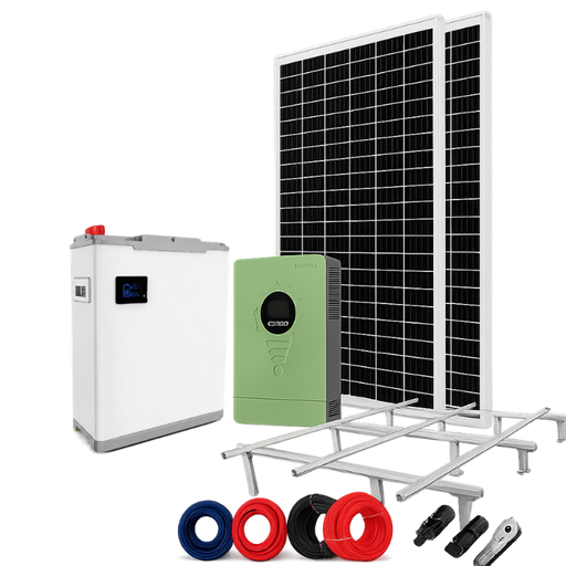 Solar panel system with battery and connectors on a white background