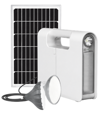 Solar panel and portable light unit on a white background