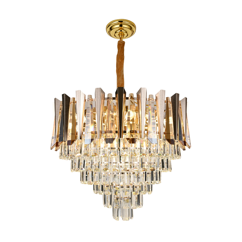 A modern multi-tier crystal chandelier with a brushed gold metal frame, a central wooden stem, and cascading clear glass prisms, shown against a plain white background.
