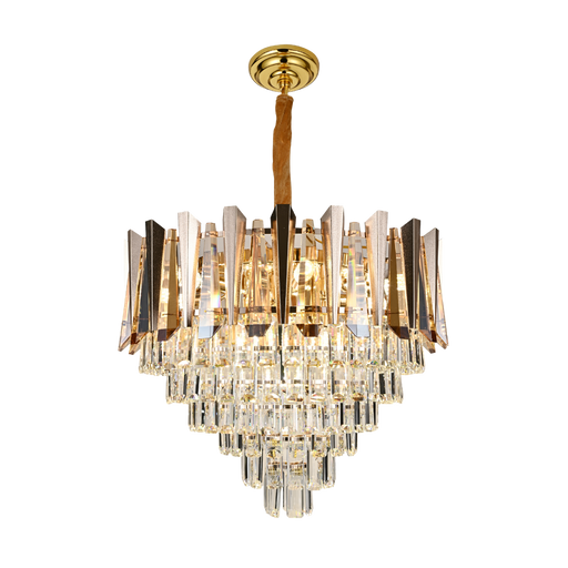 A modern multi-tier crystal chandelier with a brushed gold metal frame, a central wooden stem, and cascading clear glass prisms, shown against a plain white background.
