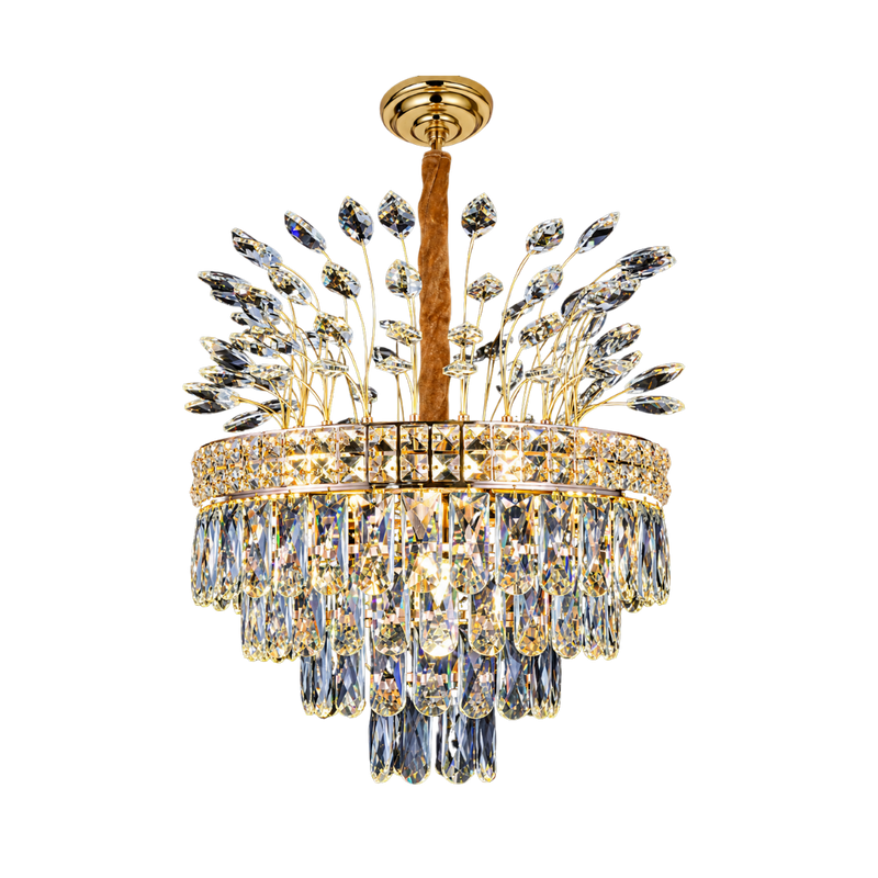 A gold-finished crystal chandelier with a central stem, branching crystal leaf motifs, and cascading clear teardrop crystal drops on a white background.