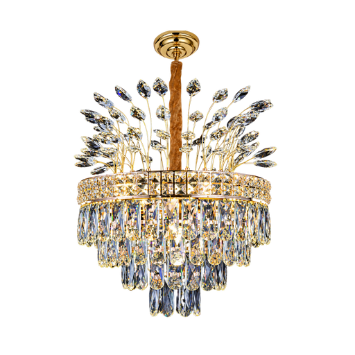 A gold-finished crystal chandelier with a central stem, branching crystal leaf motifs, and cascading clear teardrop crystal drops on a white background.