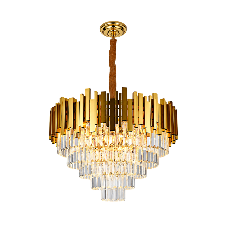 A modern chandelier with a gold-toned metal frame, featuring vertical rectangular bars and cascading clear crystal prisms, suspended by a textured brown rope from a round gold ceiling canopy.
