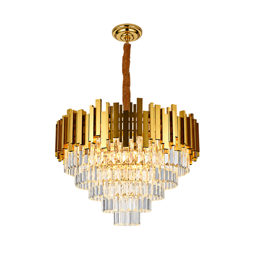 A modern chandelier with a gold-toned metal frame, featuring vertical rectangular bars and cascading clear crystal prisms, suspended by a textured brown rope from a round gold ceiling canopy.