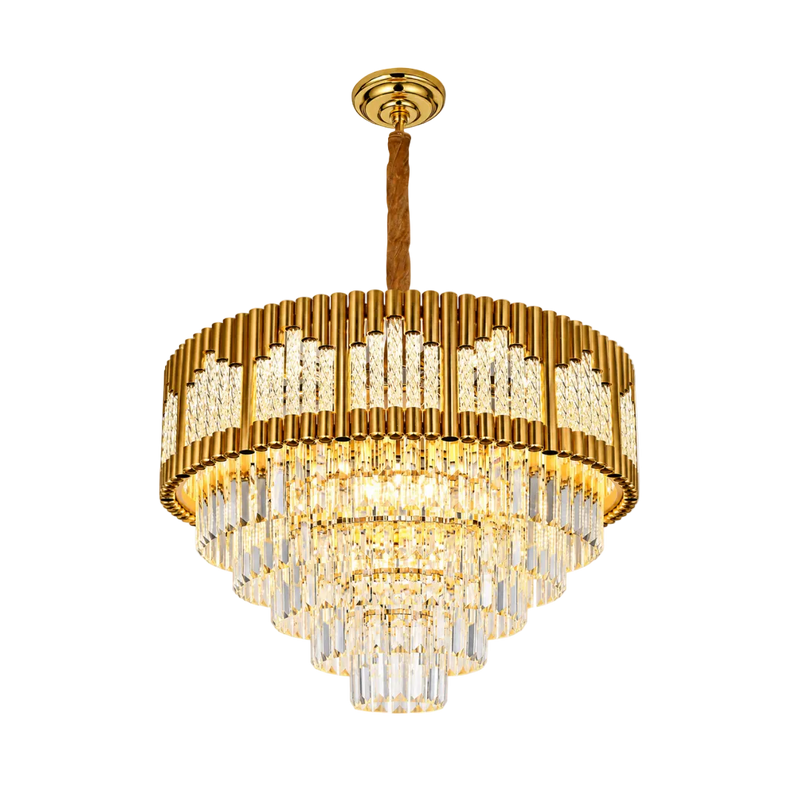 A modern multi-tier chandelier with a brushed gold metal frame, vertical rod detailing, and cascading clear crystal prisms, suspended from a matching gold ceiling canopy.