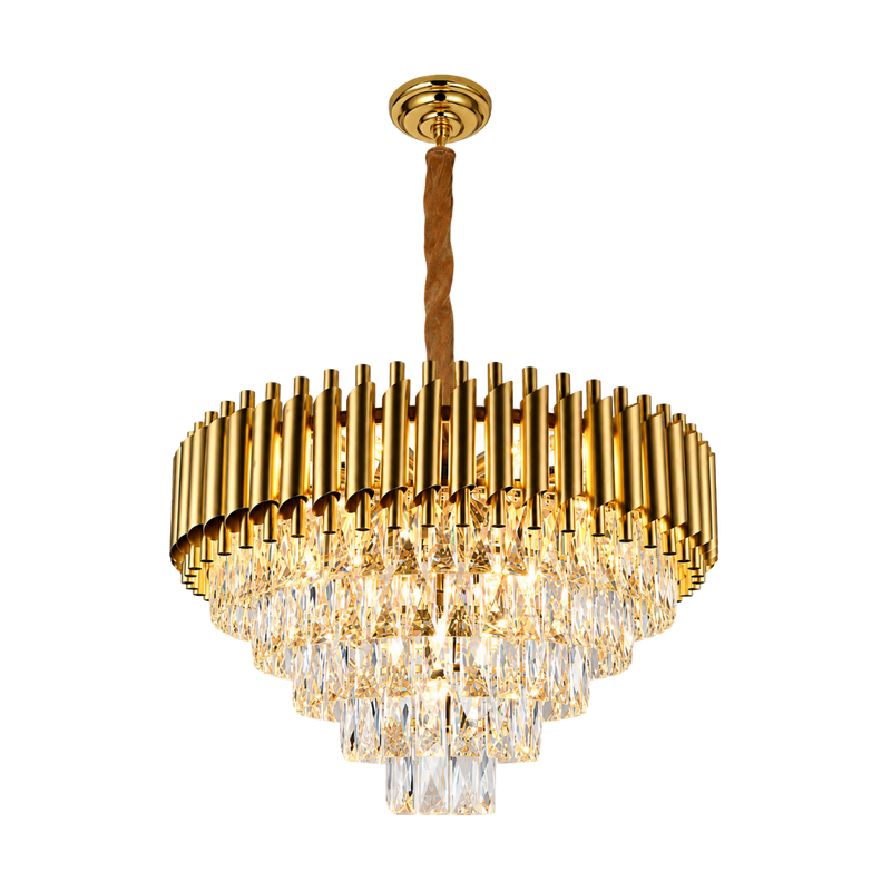 A modern multi-tier chandelier with a brushed gold metal frame, featuring cylindrical rod details and cascading clear crystal prisms, suspended by a twisted gold rod against a plain white background.
