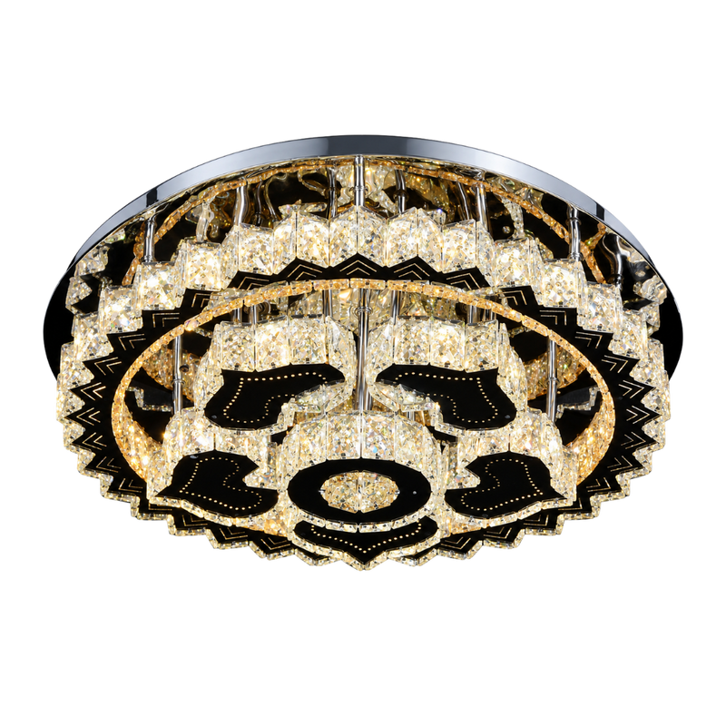 A round flush-mount ceiling light fixture with a tiered design, featuring clear crystal prisms and black geometric accents on a polished silver/chrome frame, shown against a plain white background.