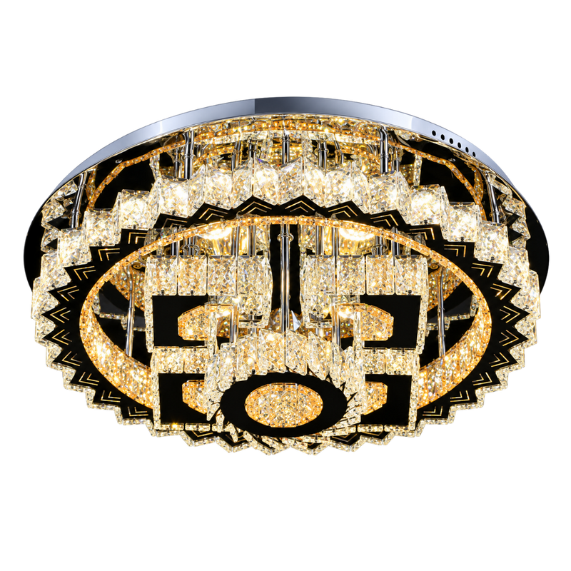 A round flush-mount ceiling light fixture with a gold and black geometric frame, adorned with multiple tiers of clear crystal prisms, shown against a plain white background.