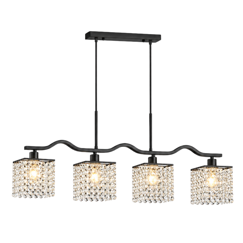 A modern 3-light chandelier with a matte black metal frame and clear crystal droplets in cylindrical shades, shown against a plain white background.