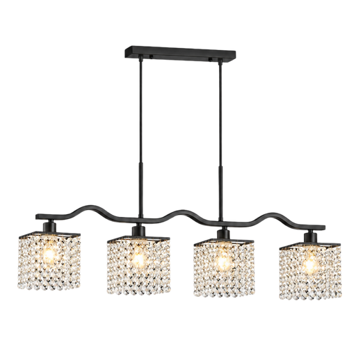 A modern 3-light chandelier with a matte black metal frame and clear crystal droplets in cylindrical shades, shown against a plain white background.