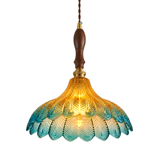 A hanging pendant light with a scalloped glass shade that transitions from warm yellow-gold at the top to light blue at the bottom, featuring a dark brown wooden handle and brass hardware.