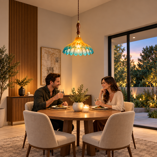 A couple dining at a round wooden table in a modern home, illuminated by a hanging Tiffany-style glass pendant light with a turquoise blue and amber glass shade.