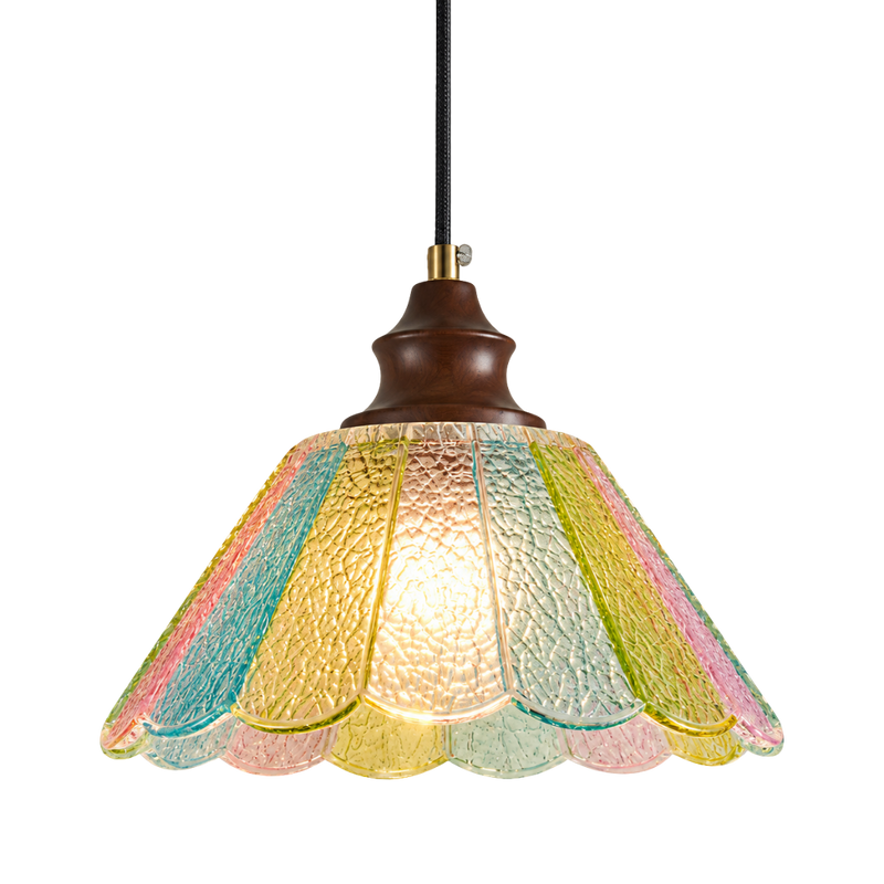 A vintage-style pendant light with a textured, multicolored glass shade featuring pastel stripes of pink, yellow, green, and blue, suspended by a black cord with a brass cap and a dark brown wooden finial.