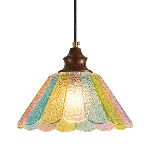 A vintage-style pendant light with a textured, multicolored glass shade featuring pastel stripes of pink, yellow, green, and blue, suspended by a black cord with a brass cap and a dark brown wooden finial.