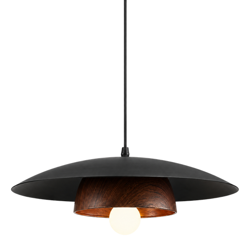 A modern pendant light with a wide, shallow black metal shade, a warm brown wood-grain interior, and a glowing white bulb, suspended by a black cord against a solid white background.