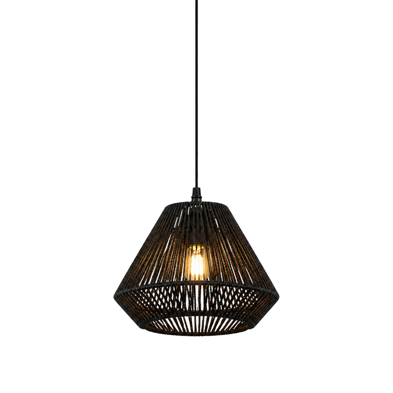 A black woven pendant light with a conical wicker shade and a visible warm glowing light bulb, suspended by a black cord against a plain white background.