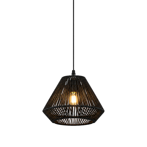 A black woven pendant light with a conical wicker shade and a visible warm glowing light bulb, suspended by a black cord against a plain white background.