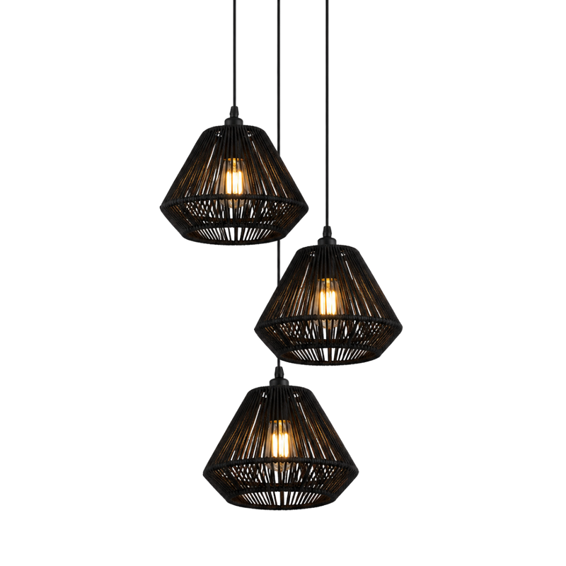 Three-tier black woven pendant light fixture with warm glowing Edison bulbs, suspended against a solid white background.