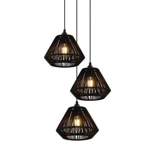 Three-tier black woven pendant light fixture with warm glowing Edison bulbs, suspended against a solid white background.