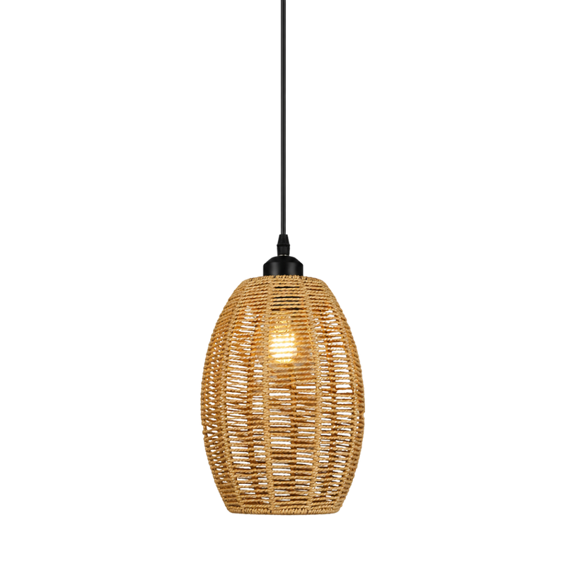 A single pendant light with a woven natural rattan or wicker shade, suspended by a black cord against a plain white background.