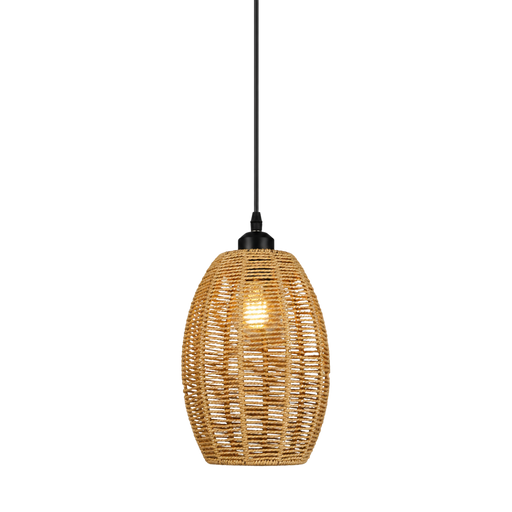 A single pendant light with a woven natural rattan or wicker shade, suspended by a black cord against a plain white background.