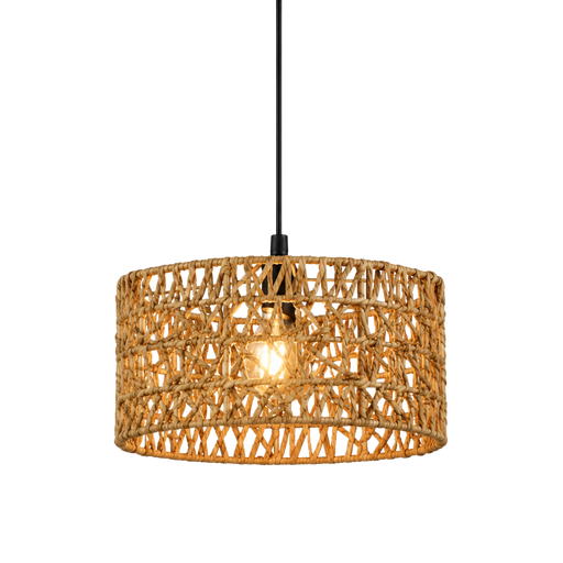 A drum-shaped pendant light with a natural woven rattan or wicker shade, suspended by a black cord with a visible warm light bulb inside, set against a plain white background.