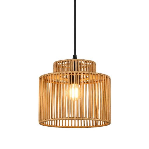 A pendant light fixture with a natural rattan or wicker cylindrical shade, suspended by a black cord with an illuminated Edison-style bulb visible inside, set against a plain white background.