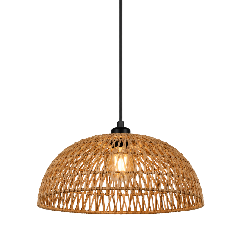 A dome-shaped pendant light with a natural woven rattan shade, suspended by a black cord with a black ceiling canopy, showing a warm glowing light bulb inside, isolated on a white background.