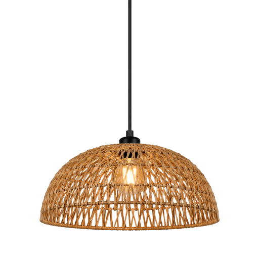 A dome-shaped pendant light with a natural woven rattan shade, suspended by a black cord with a black ceiling canopy, showing a warm glowing light bulb inside, isolated on a white background.