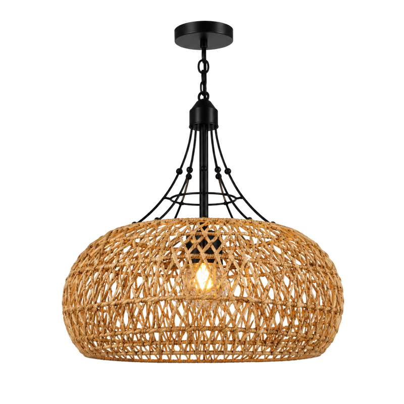 A pendant light fixture with a large, round woven rattan shade in a natural tan color, suspended by a black metal frame and canopy against a solid white background.