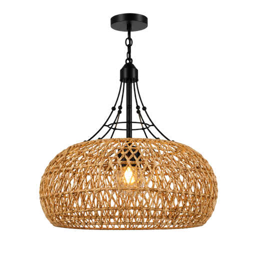 A pendant light fixture with a large, round woven rattan shade in a natural tan color, suspended by a black metal frame and canopy against a solid white background.