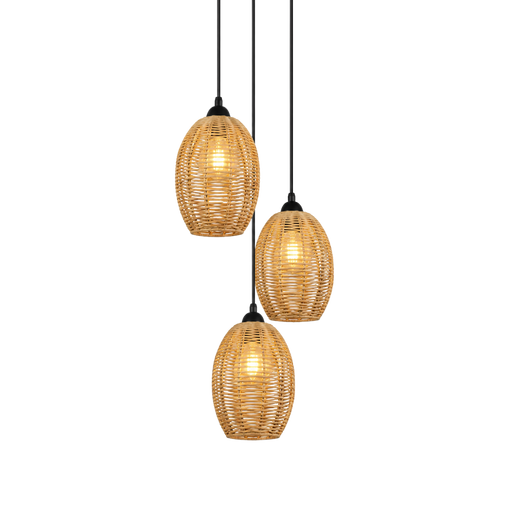 Three-tier pendant light fixture with woven natural rattan shades and black hanging cords, shown against a plain white background.