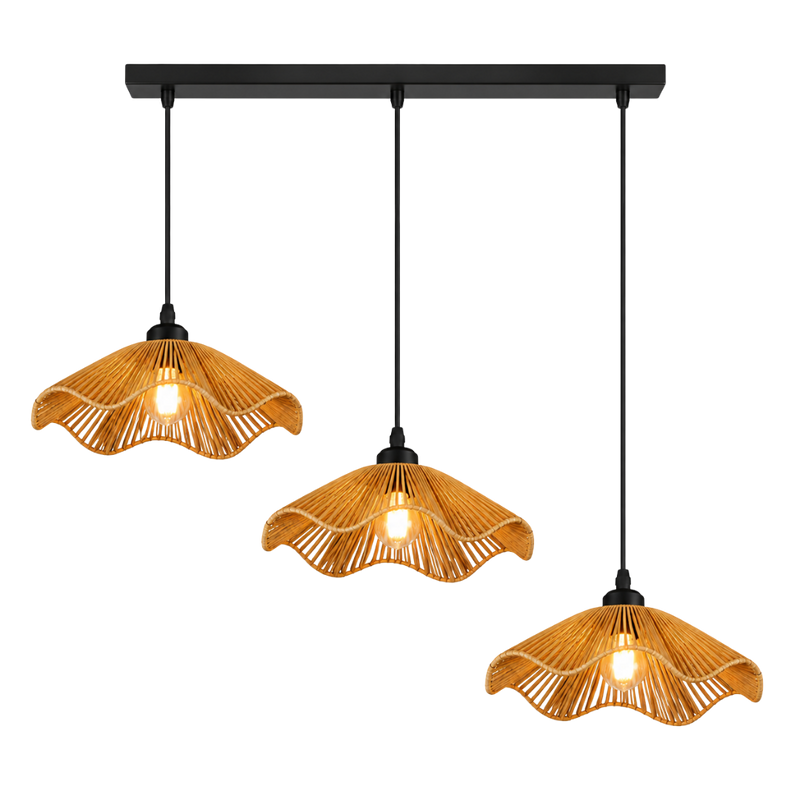 Three-tier pendant light fixture with woven natural rattan shades and black metal hardware, shown against a solid white background.
