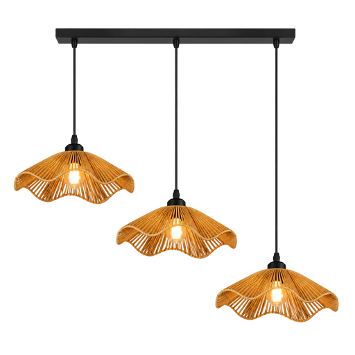 Three-tier pendant light fixture with woven natural rattan shades and black metal hardware, shown against a solid white background.