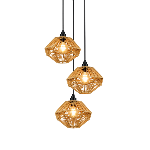 Three hanging pendant lights with faceted woven rattan shades and black cords, shown against a plain white background.