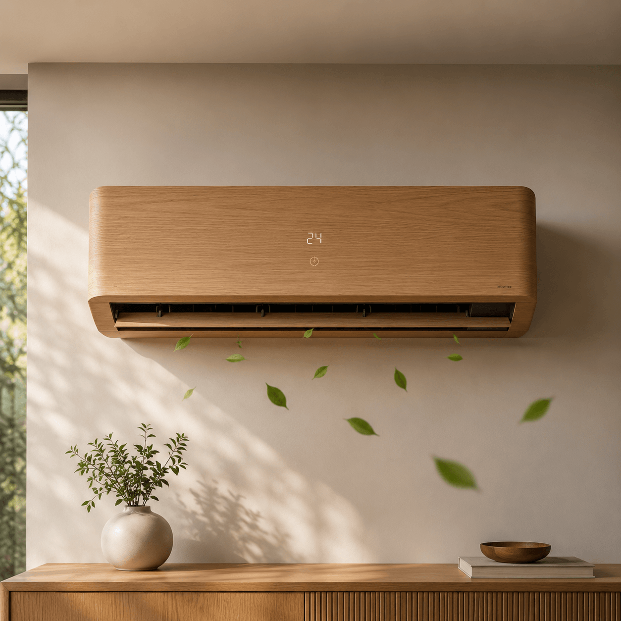 Wooden air conditioner on a wall with a plant and decorative items below