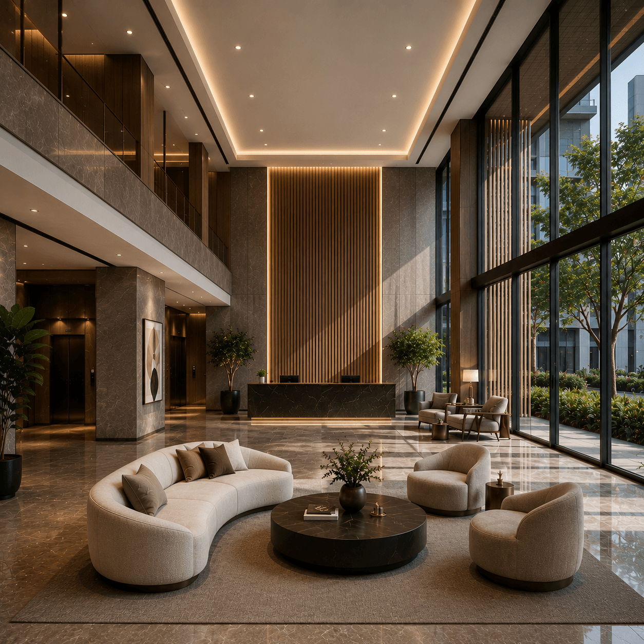 Modern lobby with a curved white sofa, round dark coffee table, and large windows.