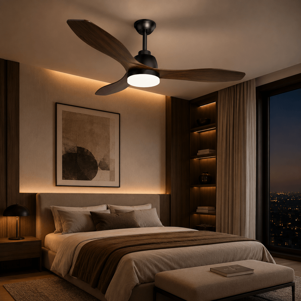 Modern bedroom with ceiling fan, bed, and cityscape view