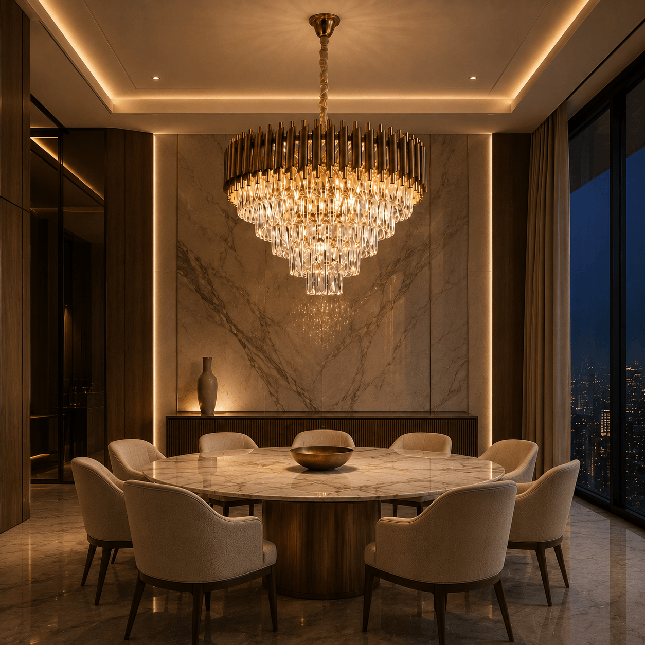 Luxurious dining room with a chandelier, marble table, and chairs.