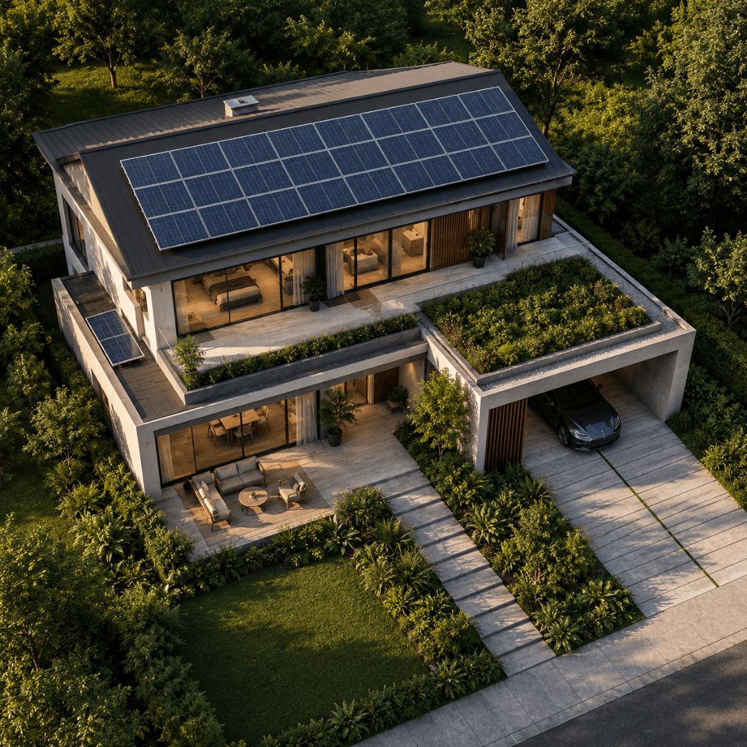 Modern house with solar panels on the roof, surrounded by greenery
