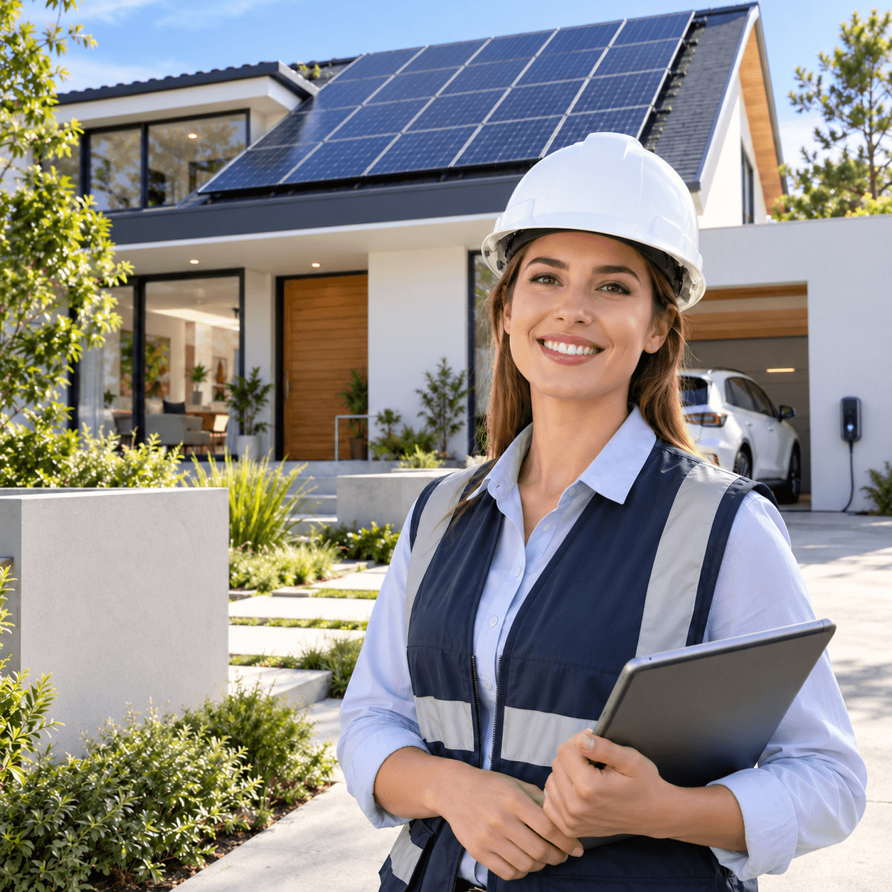 A smiling woman in a white hard hat and reflective safety vest stands outdoors in front of a modern house with solar panels on the roof, holding a tablet.