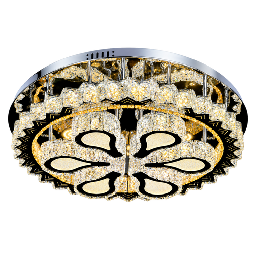 A round flush-mount ceiling light fixture with a polished chrome/silver outer rim, a black and gold geometric frame, and numerous clear crystal prisms that glow warm white. The center features a stylized floral or butterfly-like motif in black and gold over a background of clear crystals.