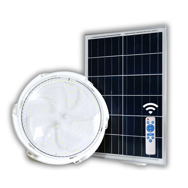 A solar-powered LED light fixture shown alongside a rectangular solar panel and a white remote control on a plain white background.