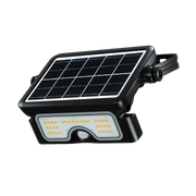 A black solar-powered outdoor light fixture with an integrated solar panel on top and an LED light bar below, shown on a plain white background.